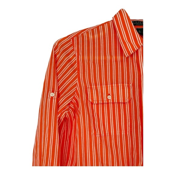 RALPH LAUREN Women’s Stripe long roll tab sleeve Button Up Shirt Sz L Petite - Picture 5 of 8